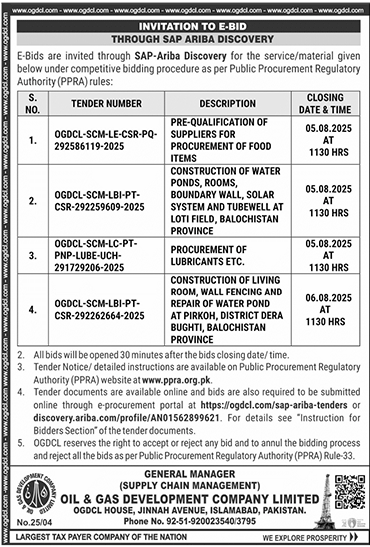 Oil & Gas Development Company Limited Islamabad Tender Notice
